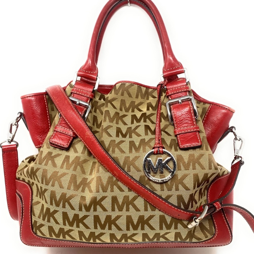 Michael Kors Red and Brown Satchel with Signature Style